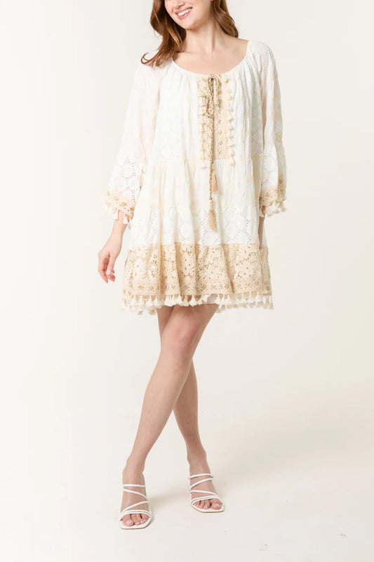 Boho Beach Dress Beige and Cream (one size fits 8-16uk)
