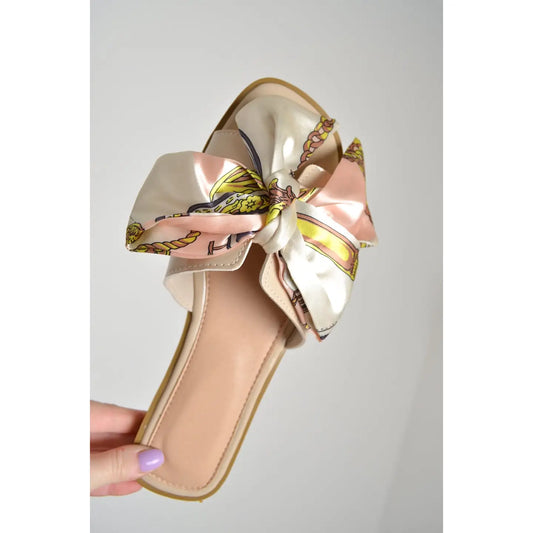 Nude Patent Scarf Print Bow Slider Sandals