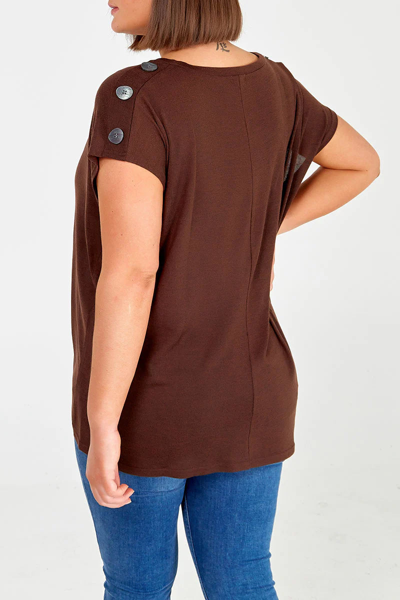 Stylish Curve Short Sleeve Button Shoulder Top in size 18-20, featuring a chic design with trendy shoulder buttons.