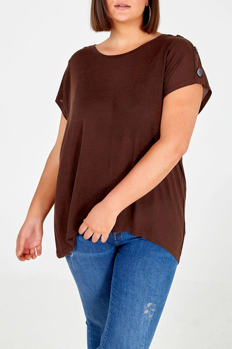 Stylish Curve Short Sleeve Button Shoulder Top in size 18-20, crafted from soft polyester-elastane blend with trendy shoulder button detailing.