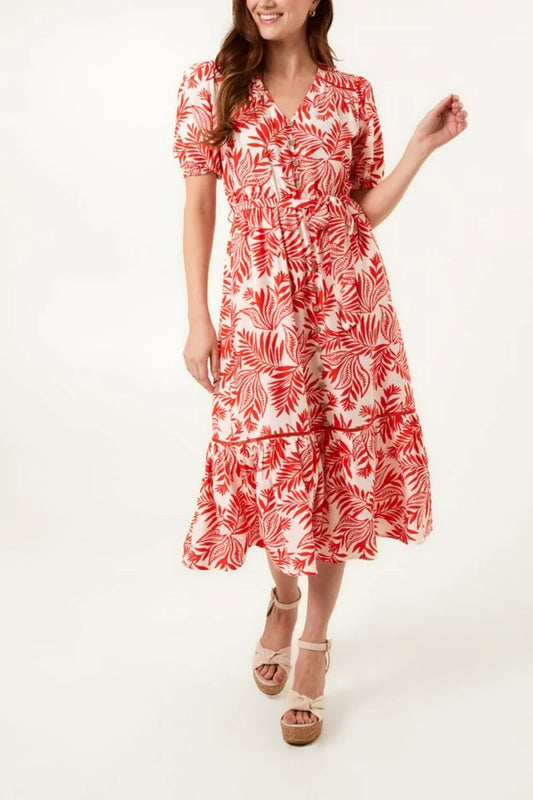 Vibrant leaf print midi dress in XL, featuring unique coconut buttons and a breezy, flowy viscose-nylon blend fabric.