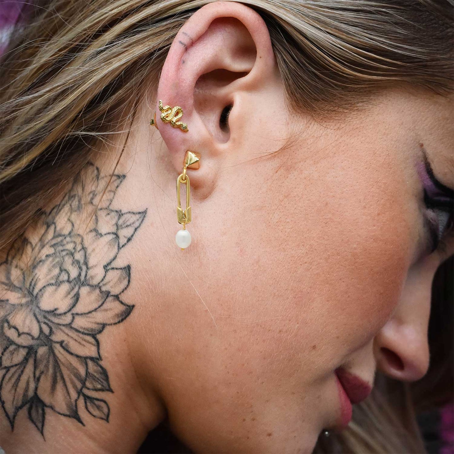 Kati Safety Pin Stud & Drop Pearl Earrings