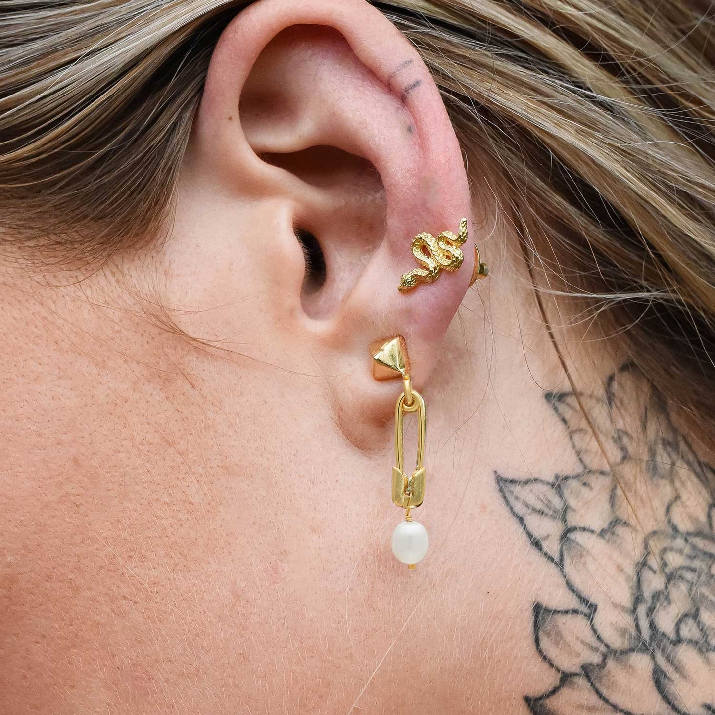 Kati Safety Pin Stud & Drop Pearl Earrings