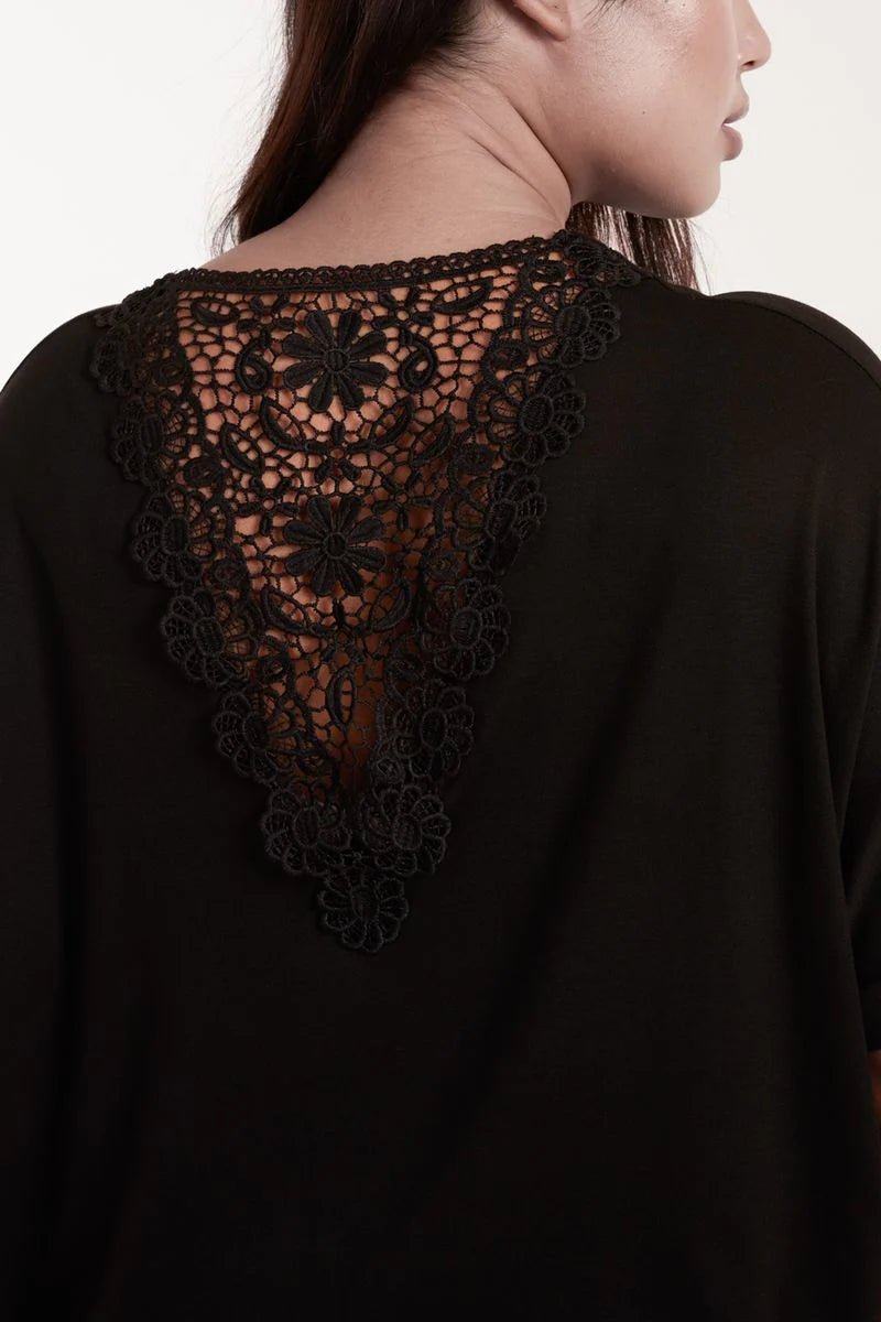 Elegant plus-size Curve Floral Crochet Back Top in size 22-24, showcasing a chic round neck, short sleeves, and intricate floral crochet detailing on the back.