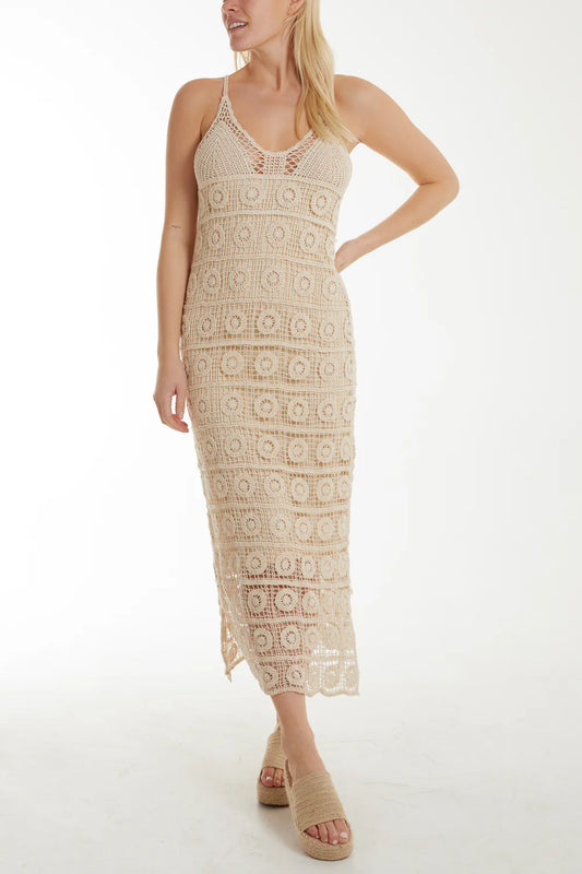 Elegant Geo Crochet Strappy Maxi Dress in M/L, showcasing intricate crochet patterns and chic v-neck straps in soft cotton.