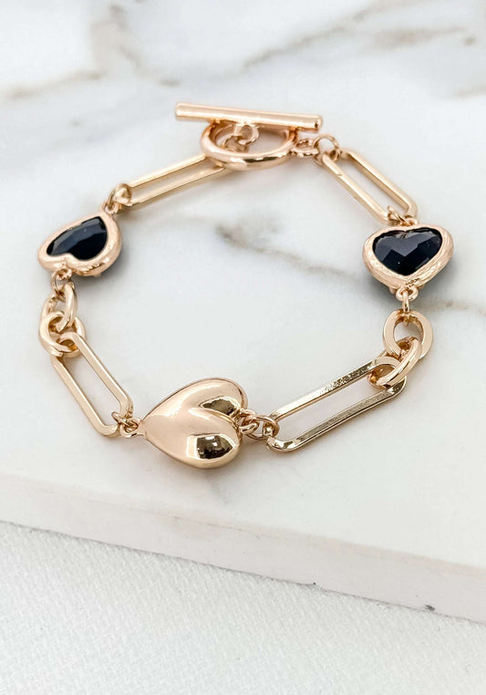 Envy - Gold and black glass heart T-bar bracelet