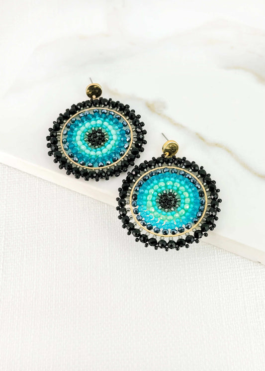 Envy - Gold, black and blue faceted bead circular earring