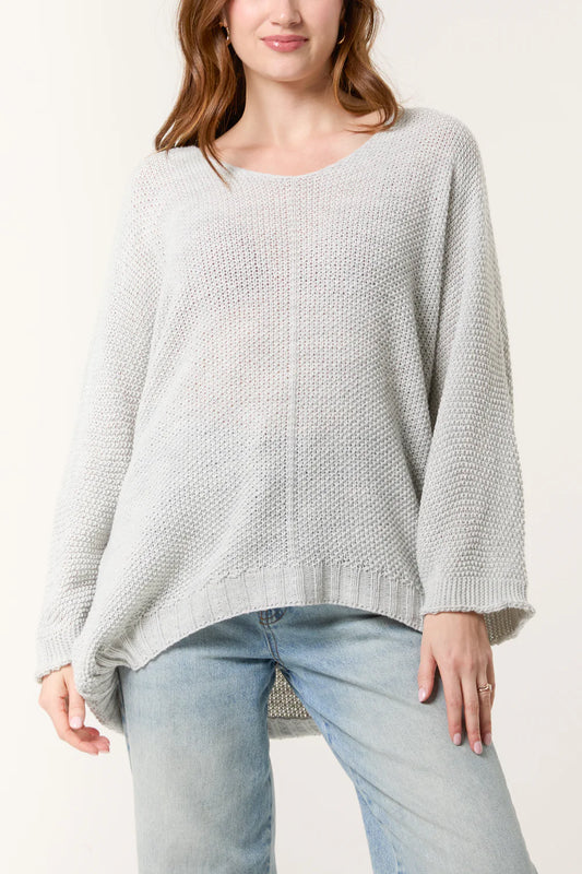 V Neck Textured Batwing Jumper Grey (one size fits 8-16uk)
