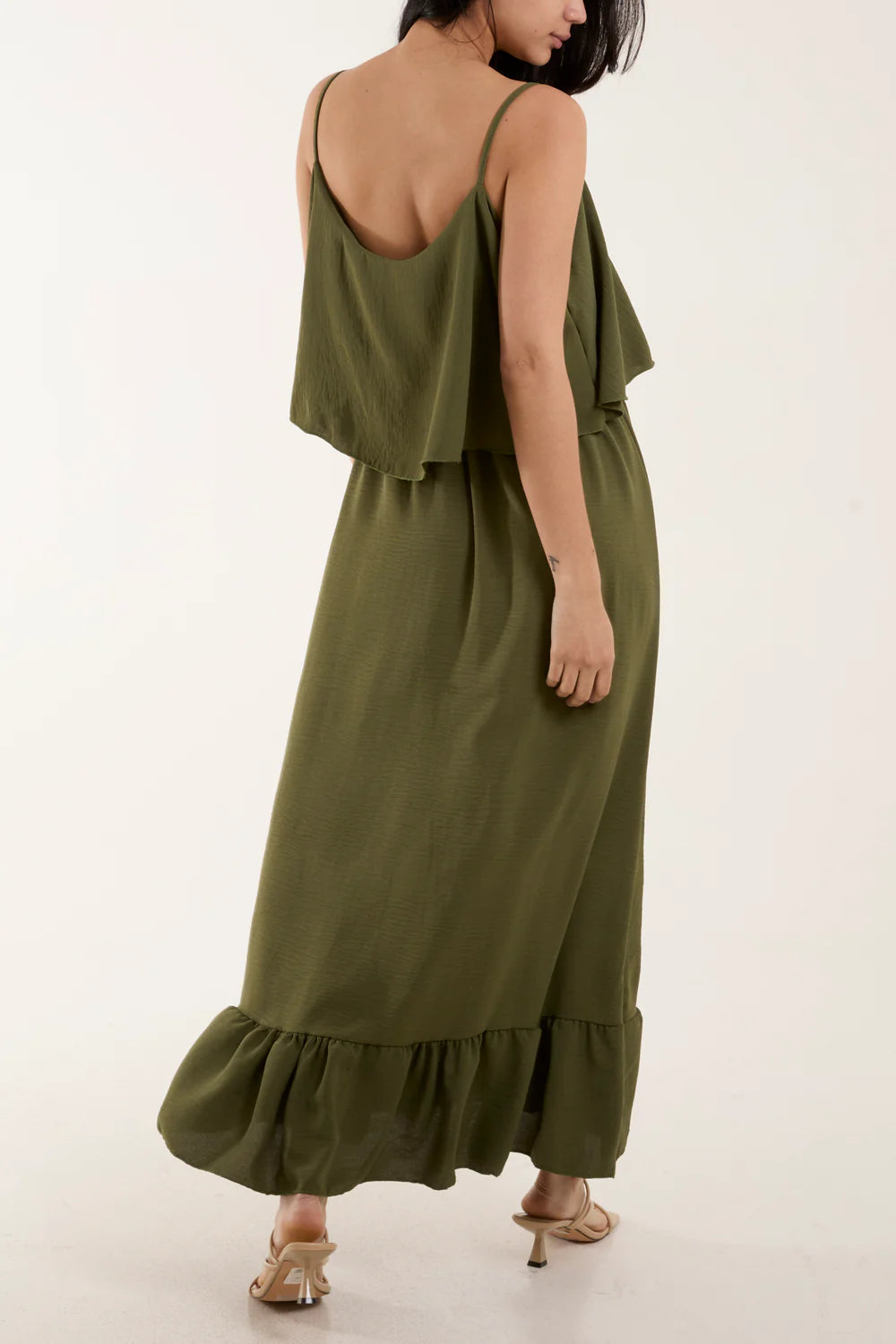 Flowing khaki maxi dress with a double-layer cami design, perfect for sizes 8-16, offering a soft, stretchy fit.