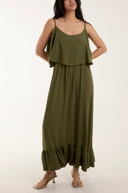 Flowing khaki maxi dress with double-layered cami straps, designed to fit sizes 8-16 with a soft, stretchy fabric blend.