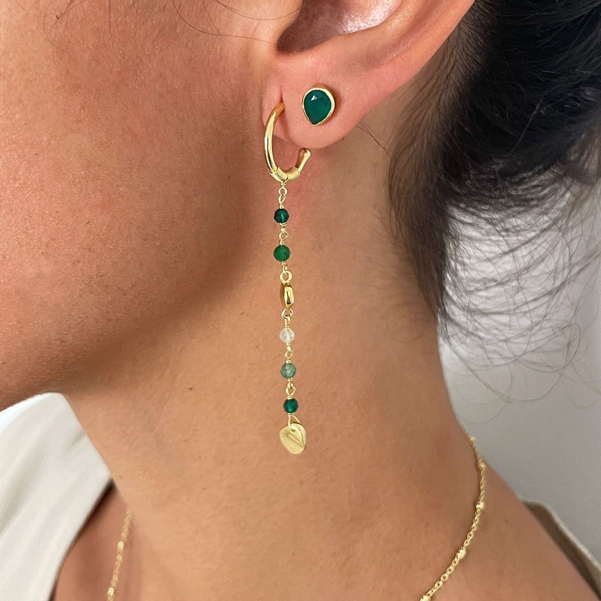 Sofia Small Hoop Earrings with Bead and Gold Nugget Chain Drop: Amazonite, Apatite, Turquoise & Green White Jade