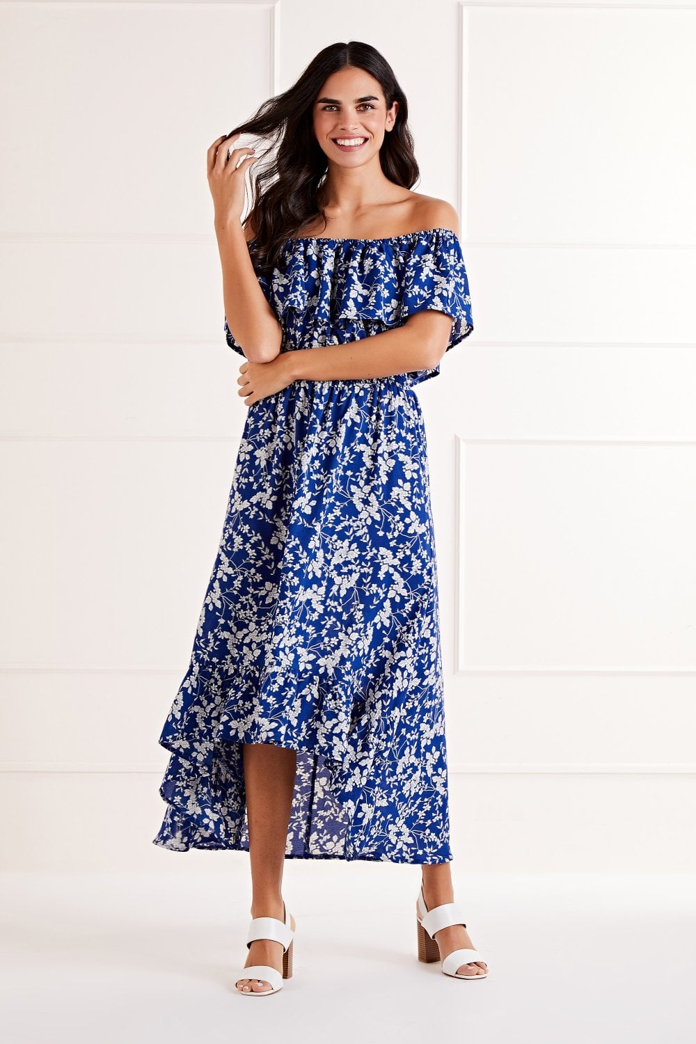 Mela Blue Ditsy Print Bardot Dipped Hem Dress