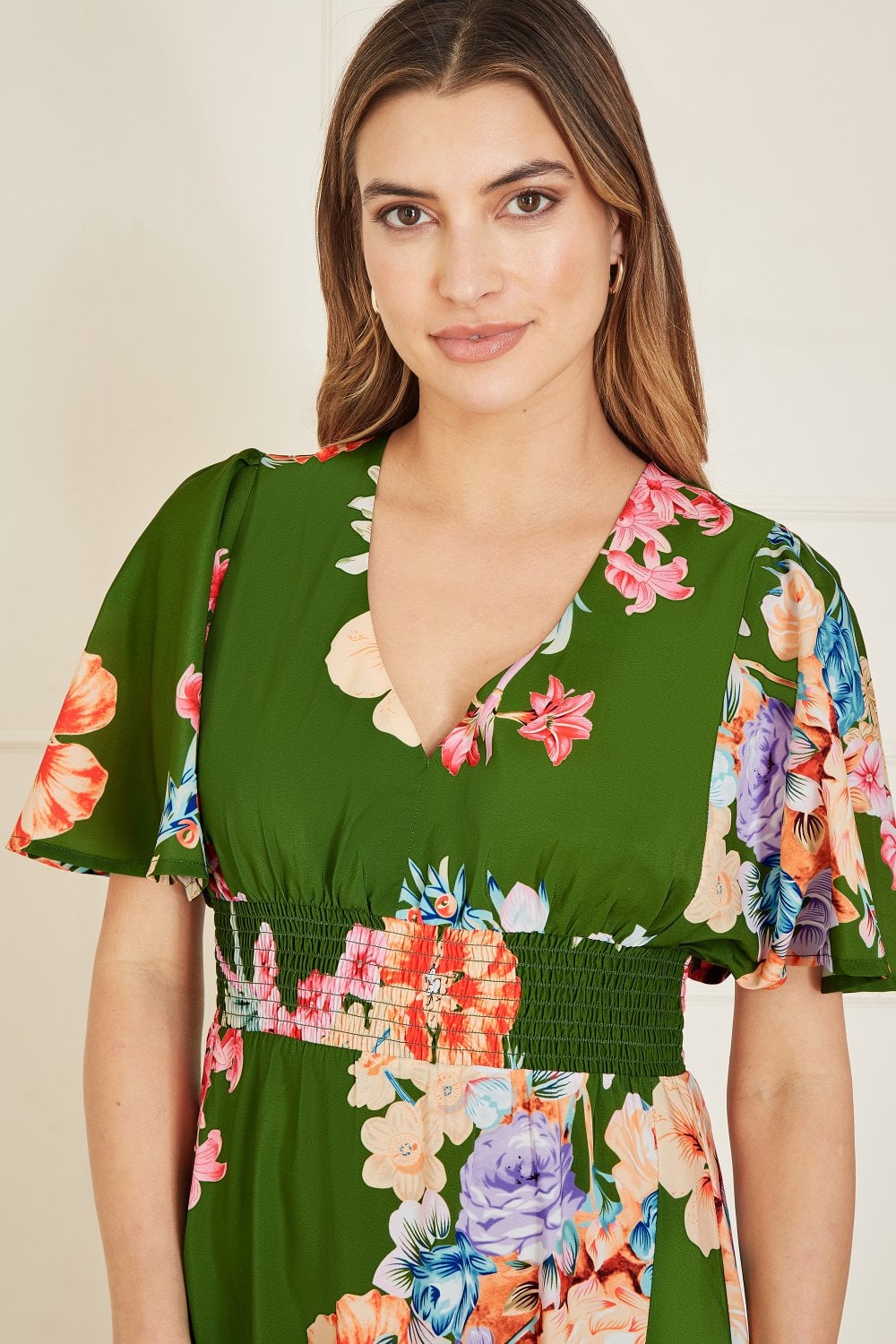 Mela Green Floral Ruched Waist Maxi Dress With Split Hemline