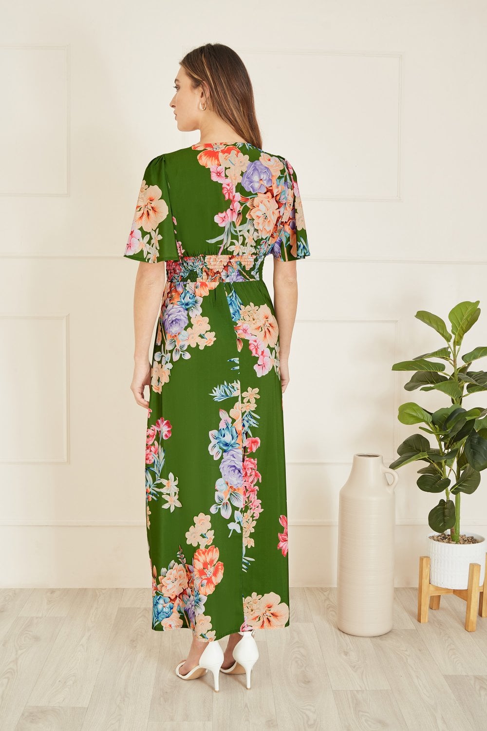Mela Green Floral Ruched Waist Maxi Dress With Split Hemline