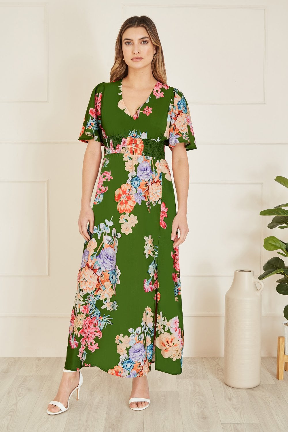 Mela Green Floral Ruched Waist Maxi Dress With Split Hemline
