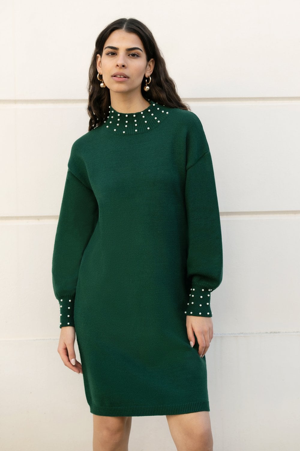 Mela Green Pearl Detail Knitted Relaxed Jumper Dress – Envy Boutique