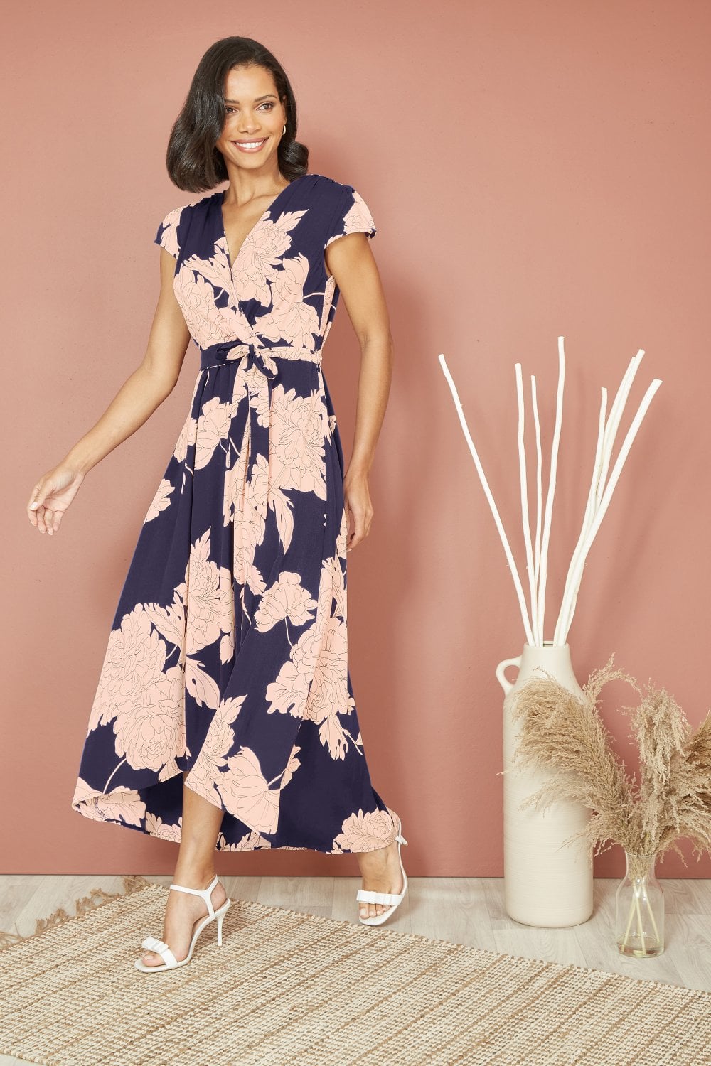 Mela Navy Blossom Print Wrap Midi With Dipped Hem