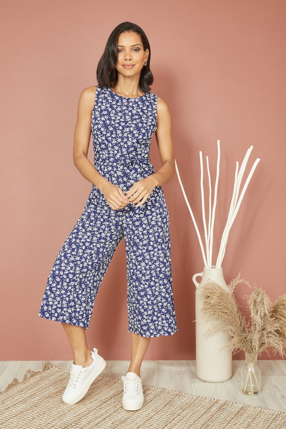 Mela Navy Ditsy Print Culotte Jumpsuit