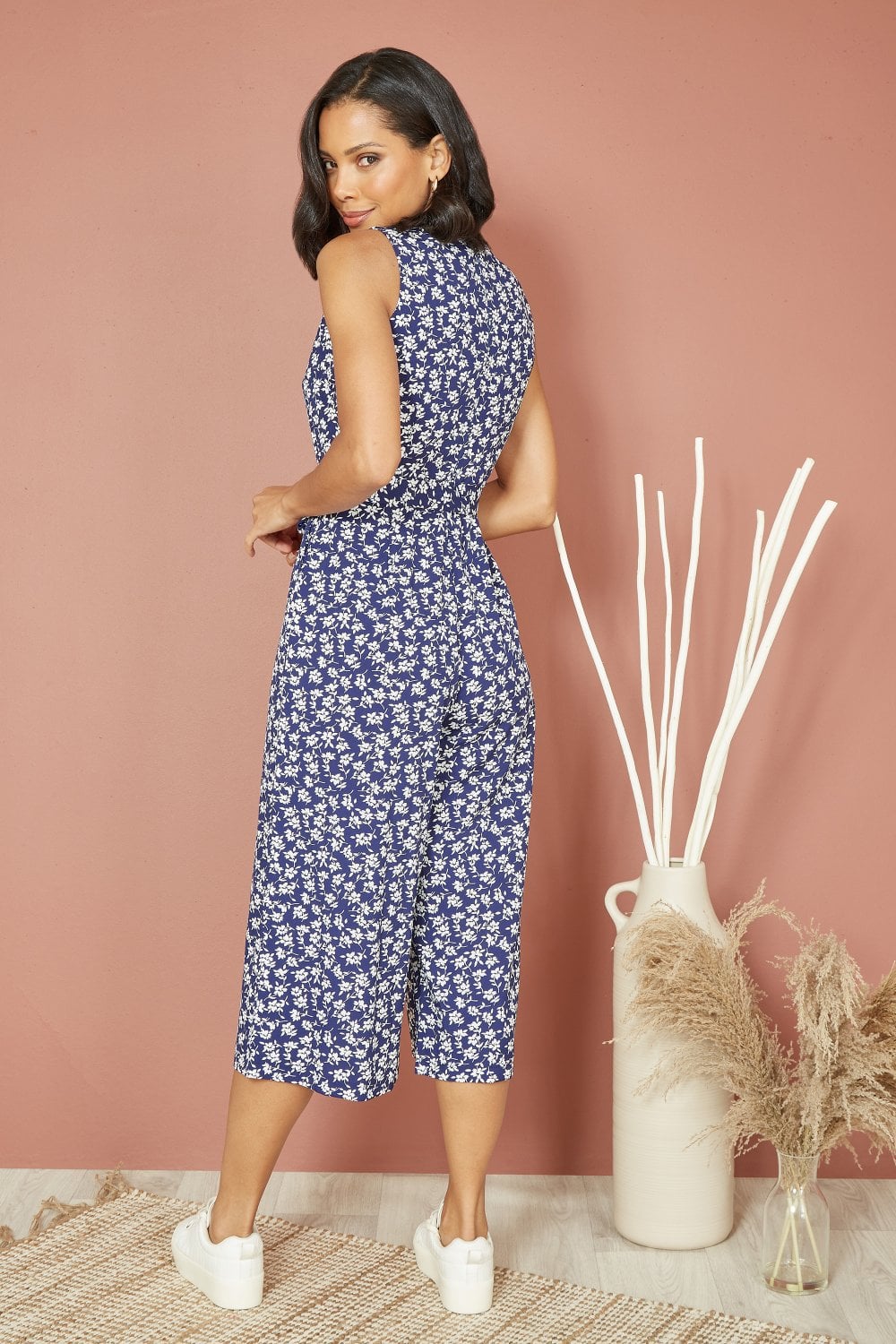 Mela Navy Ditsy Print Culotte Jumpsuit