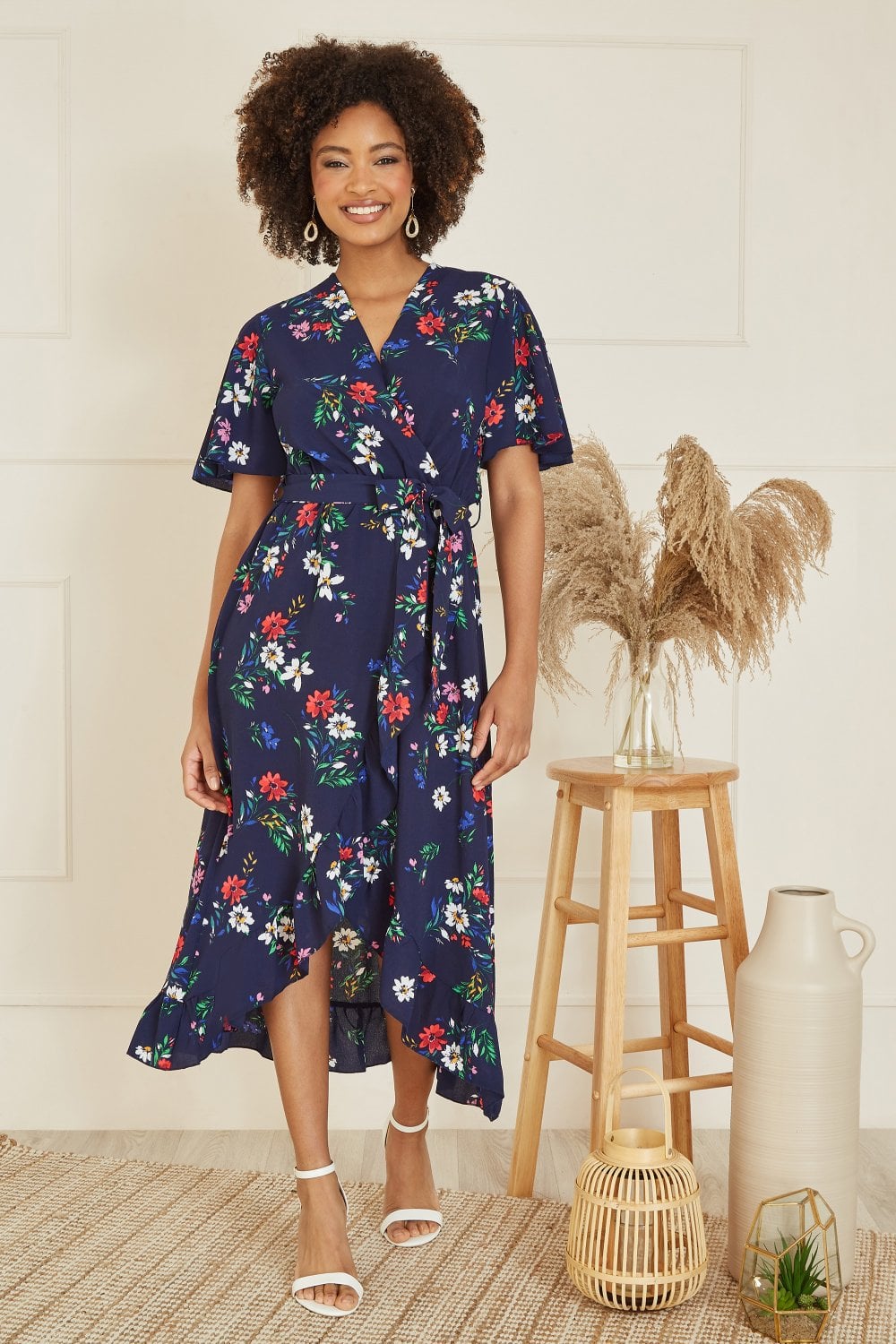 navy blue floral wrap dress Women's Blue Floral Flowy Maxi Wrap Dress
