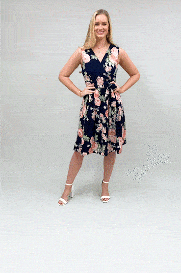 Mela Navy Rose Printed Wrap Over Sleeveless Skater Dress