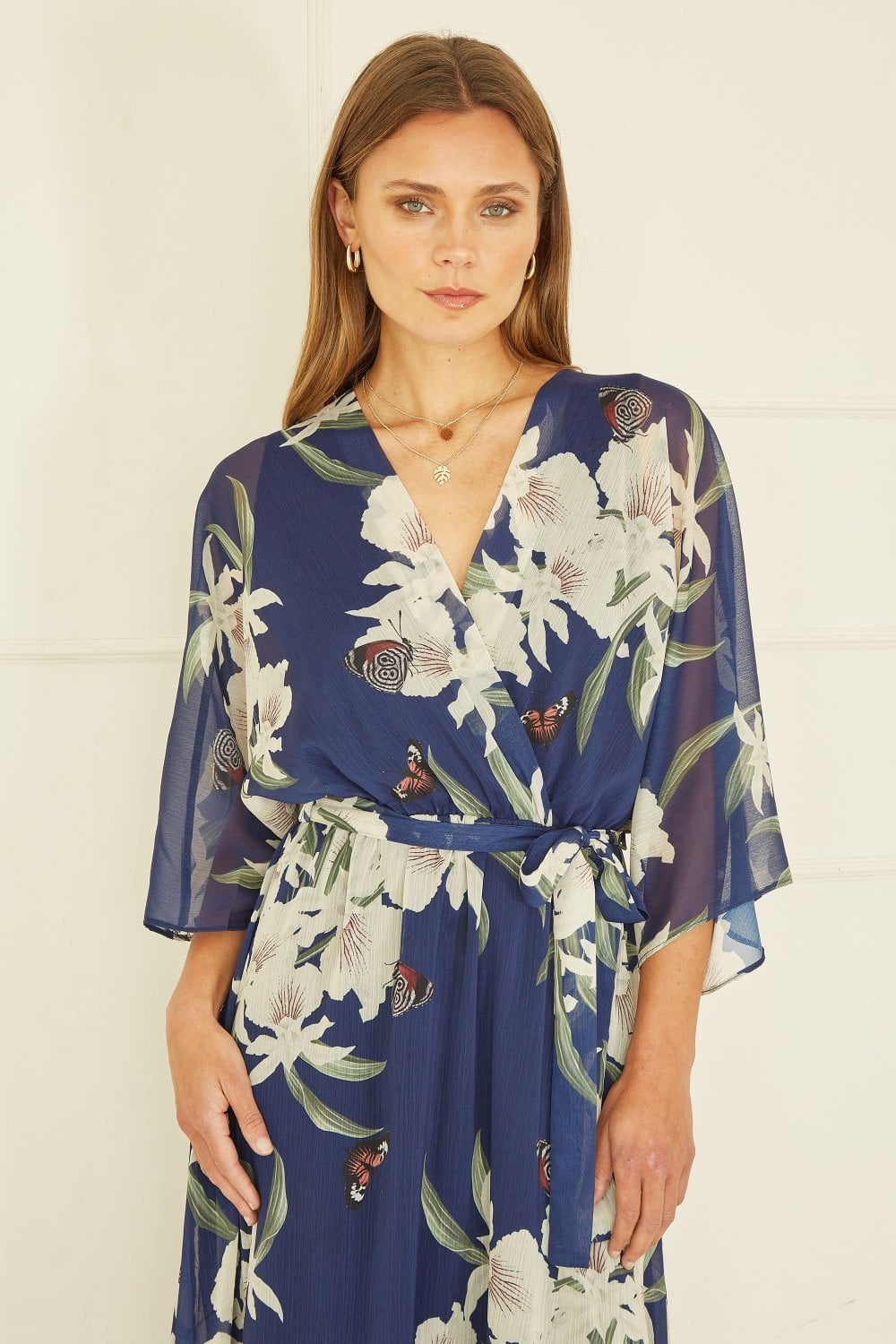 Navy Floral Kimono Sleeves Dip Hem Wrap Midi Dress  Envy Boutique