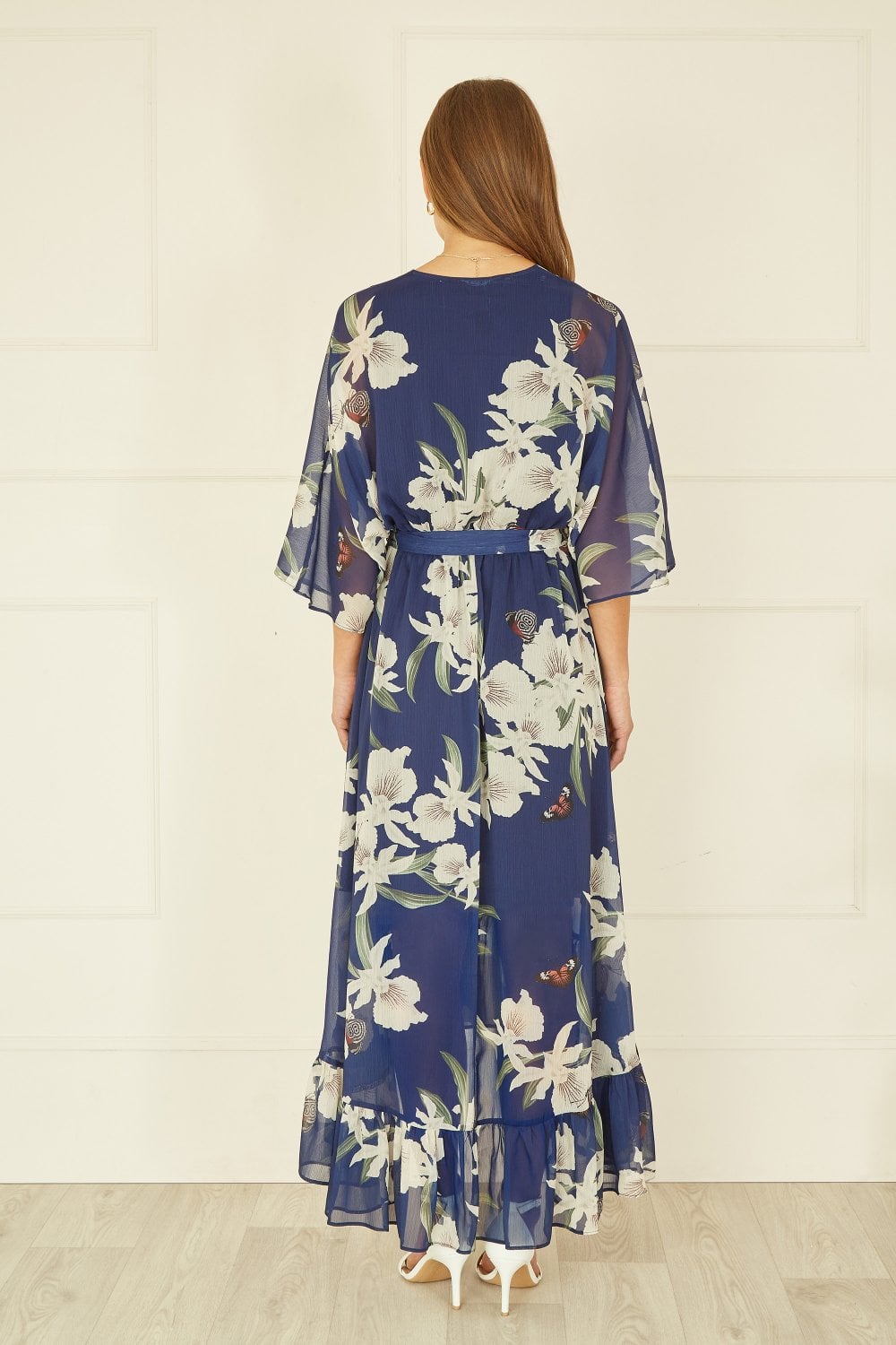 Navy Floral Kimono Sleeves Dip Hem Wrap Midi Dress Navy Floral Kimono Sleeves Dip Hem Wrap Midi Dress