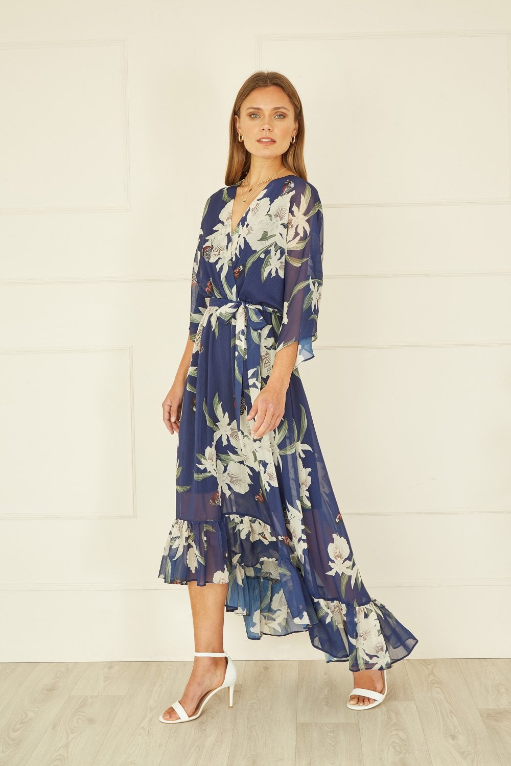 Navy Floral Kimono Sleeves Dip Hem Wrap Midi Dress Envy Boutique Navy Floral Kimono Sleeves Dip Hem Wrap Midi Dress Envy Boutique
