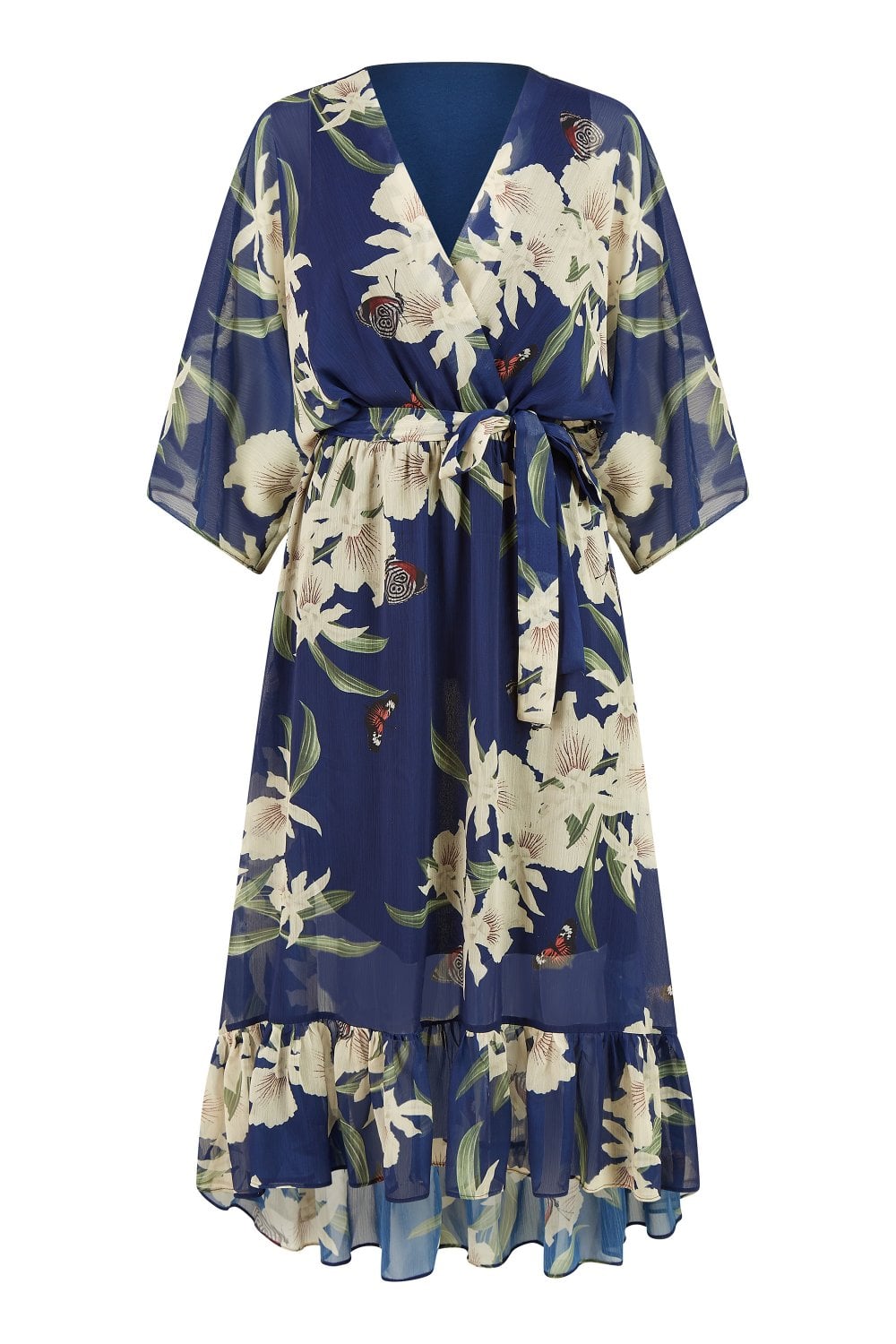 fitted lace wedding dress Navy Floral Kimono Sleeves Dip Hem Wrap Midi Dress – Envy Boutique