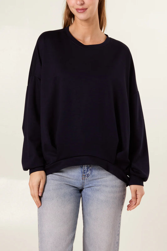 Soft Touch Puffball Sleeve Sweat Top Navy (one size fits 8-16uk) 40% OFF