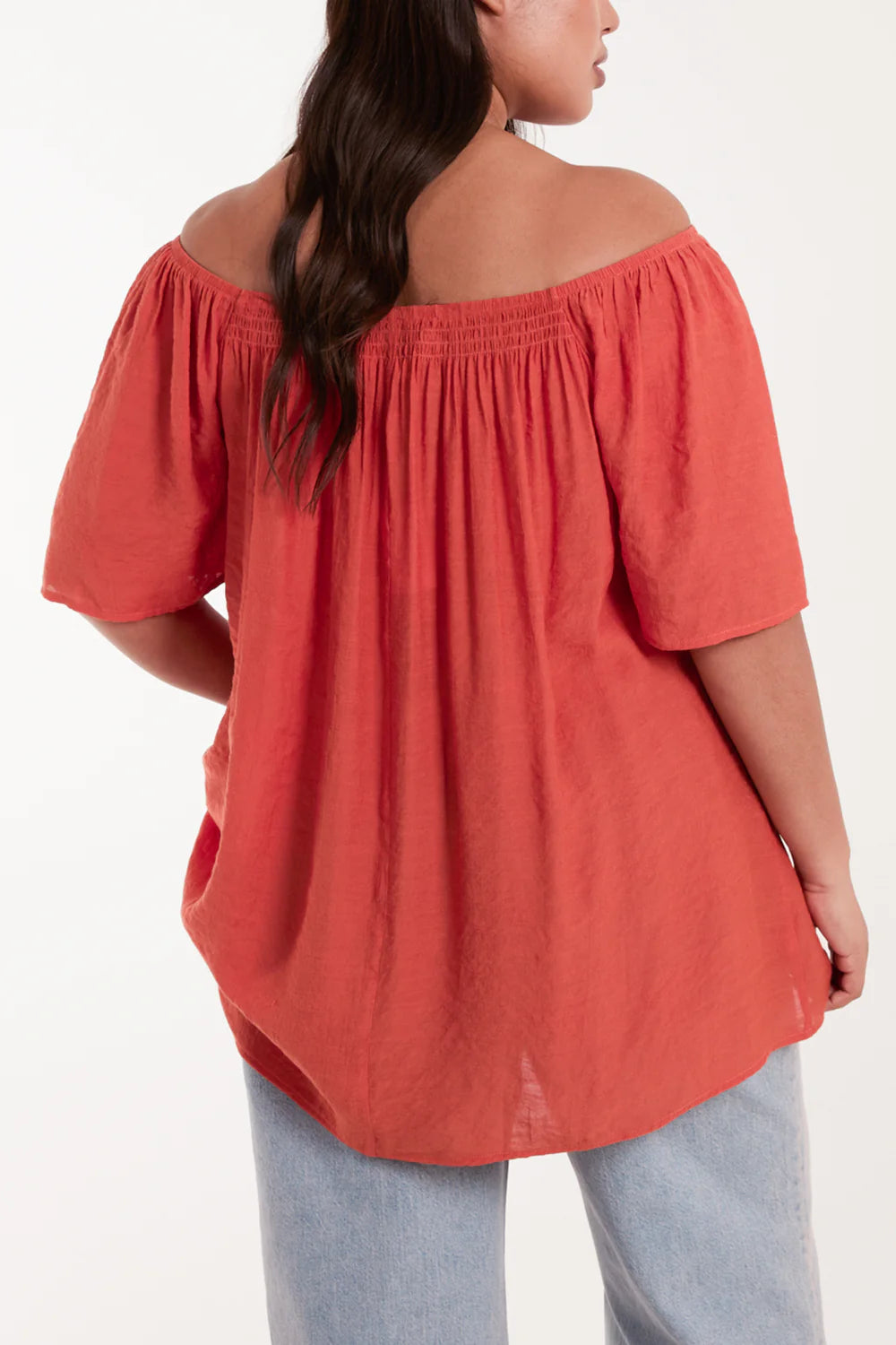 Elegant plus-size Curve Shirred Front Bardot Swing Top in size 18-20, featuring an off-shoulder neckline and a charming bow detail.