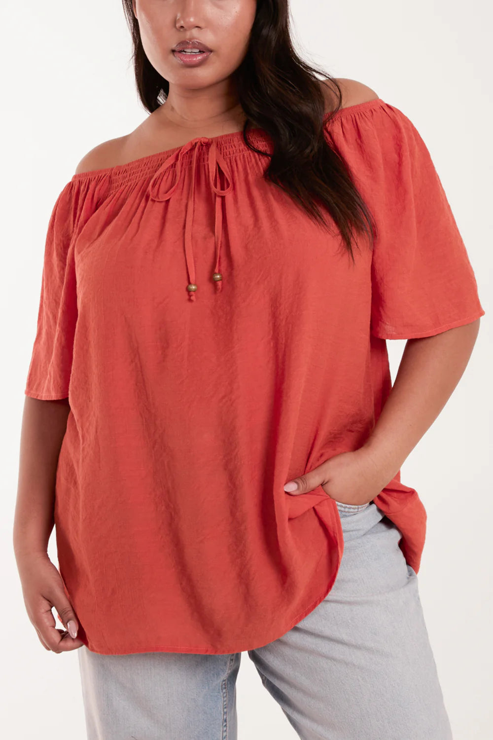 Elegant plus-size Curve Shirred Front Bardot Swing Top in size 18-20, featuring an off-shoulder neckline and bow detail.
