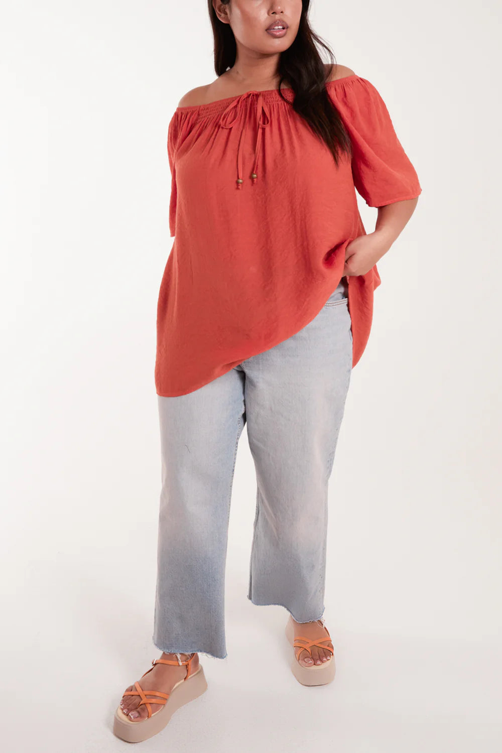 Elegant plus-size Curve Shirred Front Bardot Swing Top in size 18-20, featuring an off-shoulder neckline and feminine bow detail.