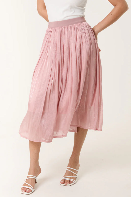 Flowy pink midi skirt with an elasticated waist and satin embellishments, offering a chic and comfortable style.