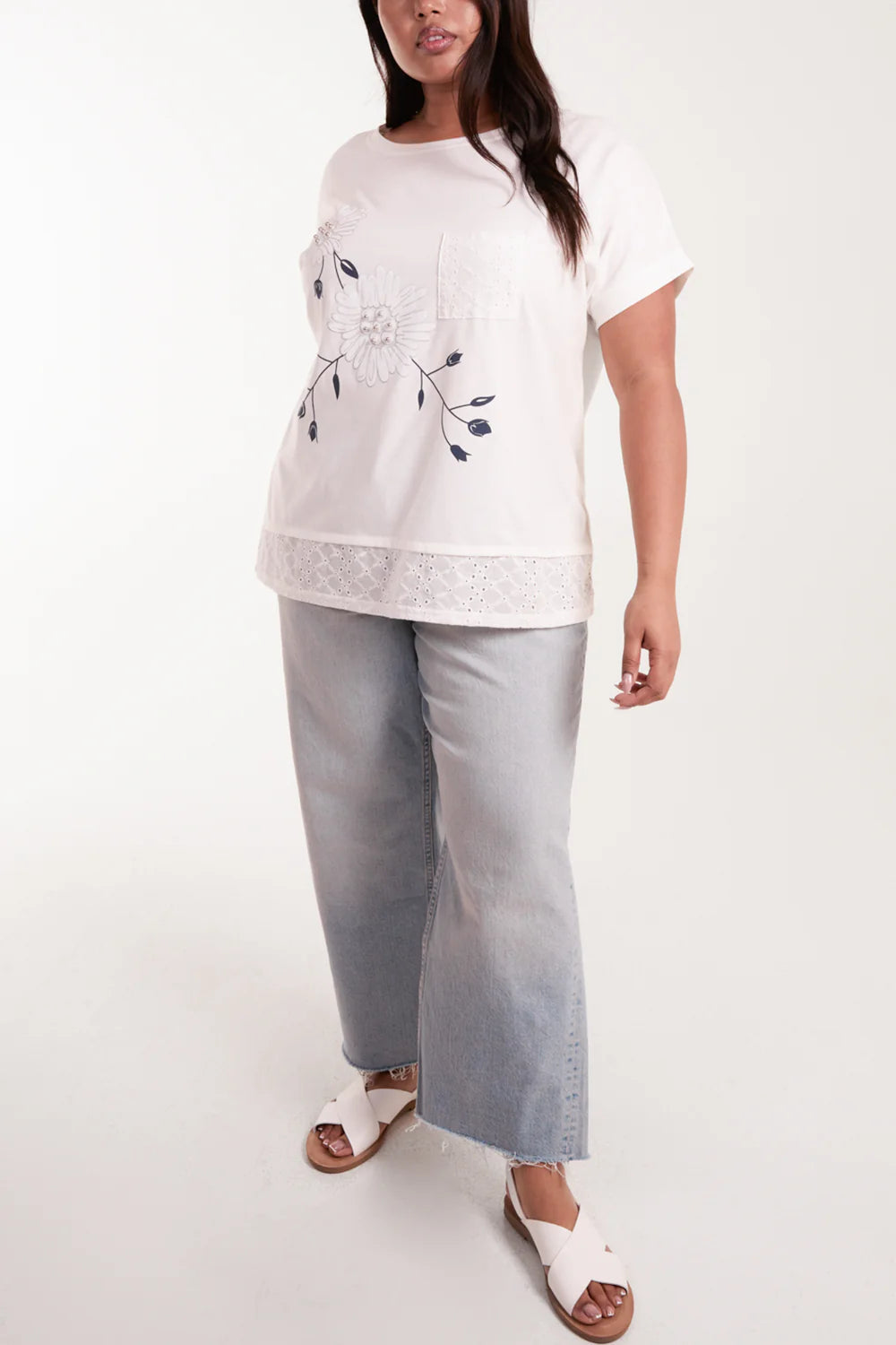 Charming white and blue flower top in size 18/20, showcasing a boxy fit with delicate broderie anglaise and floral accents.