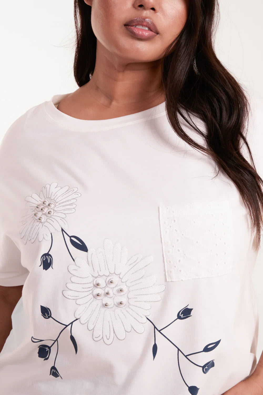 Charming white and blue flower top in size 18/20, showcasing a boxy fit with delicate broderie anglaise and floral accents.
