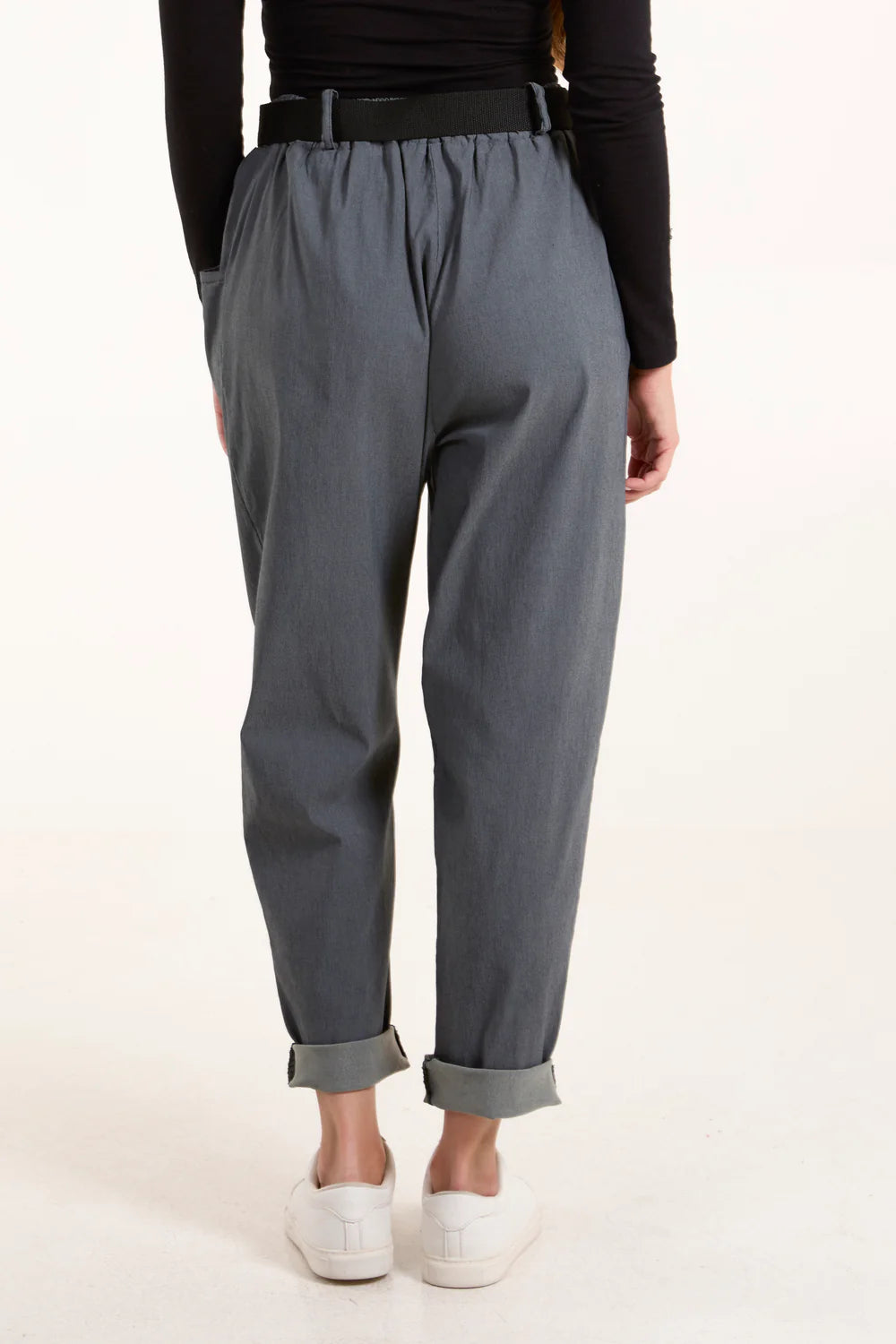 Stylish woven belt cuffed trousers in a versatile one-size fit (8-16 UK), featuring a soft fabric blend and chic design.