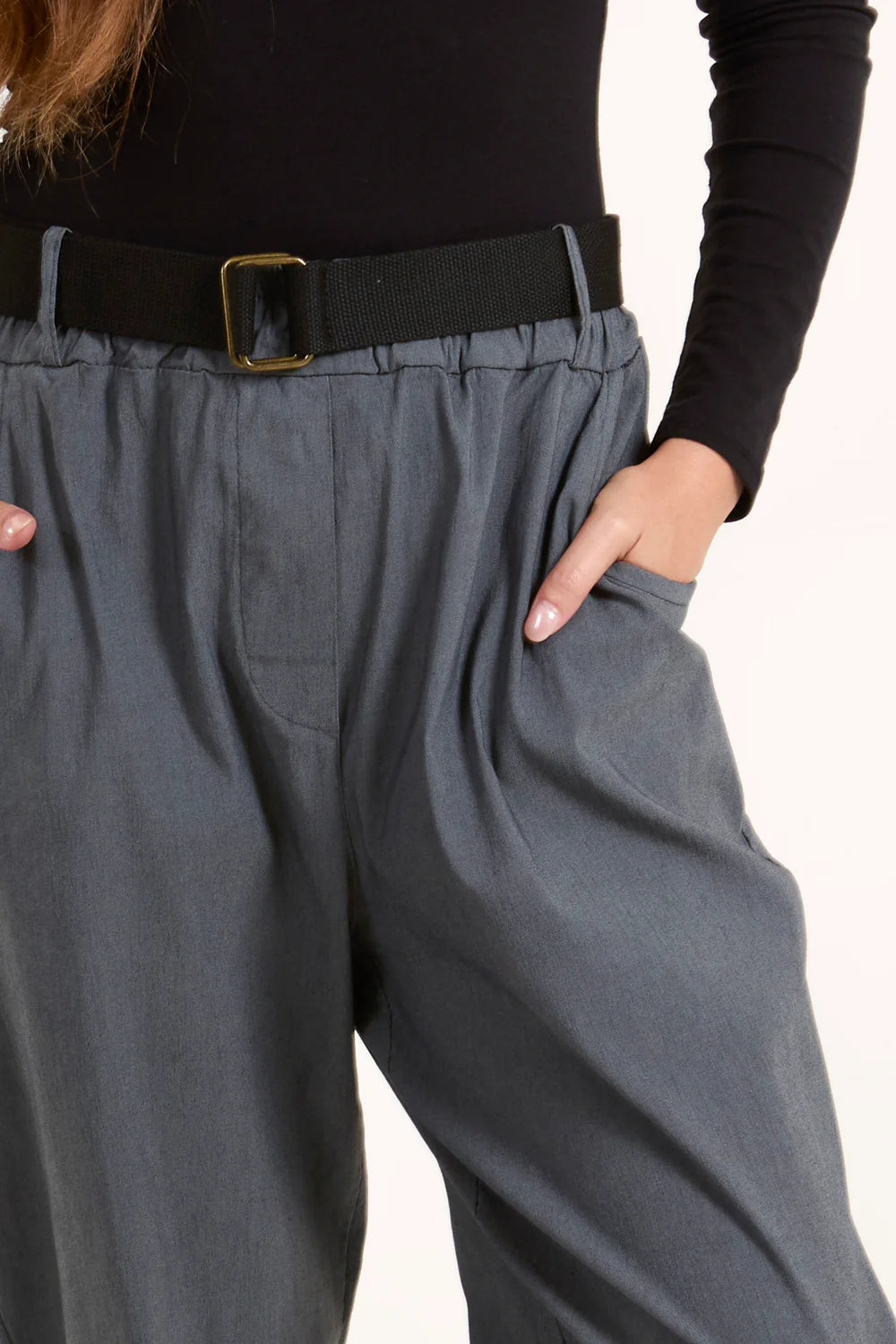 Stylish woven belt cuffed trousers in a versatile one-size fit (8-16 UK), featuring a soft fabric blend and trendy cuffs.