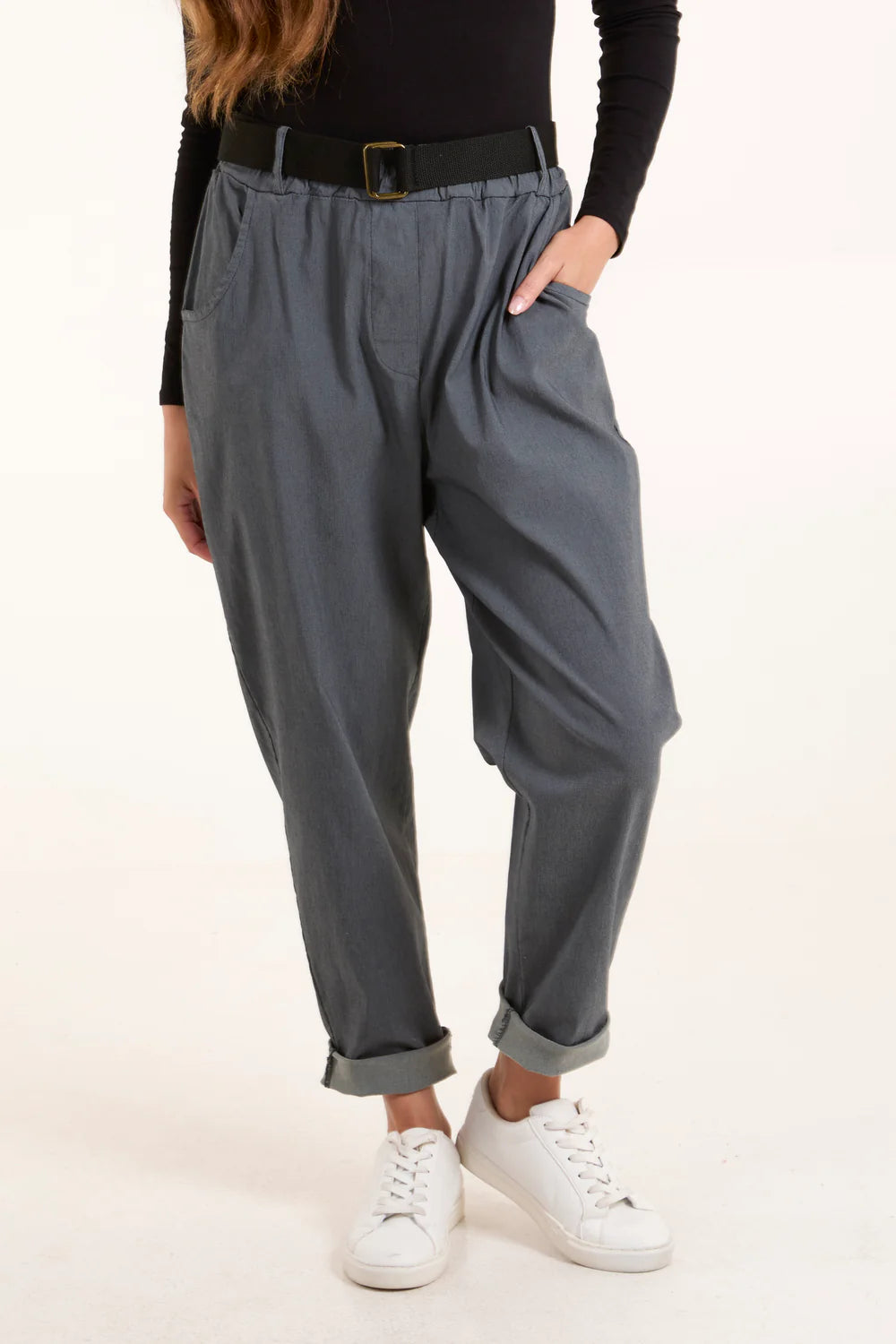 Stylish woven belt cuffed trousers in a versatile one-size fit (8-16 UK), crafted from a soft viscose blend with a chic cuffed hem.