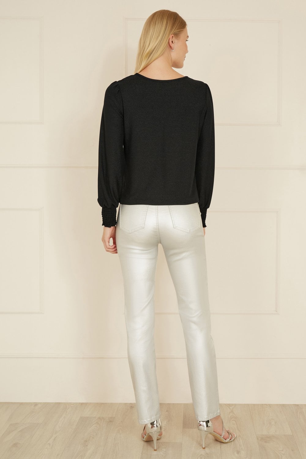 Yumi Black And Gold Sparkle Stretch Keyhole Neckline Top