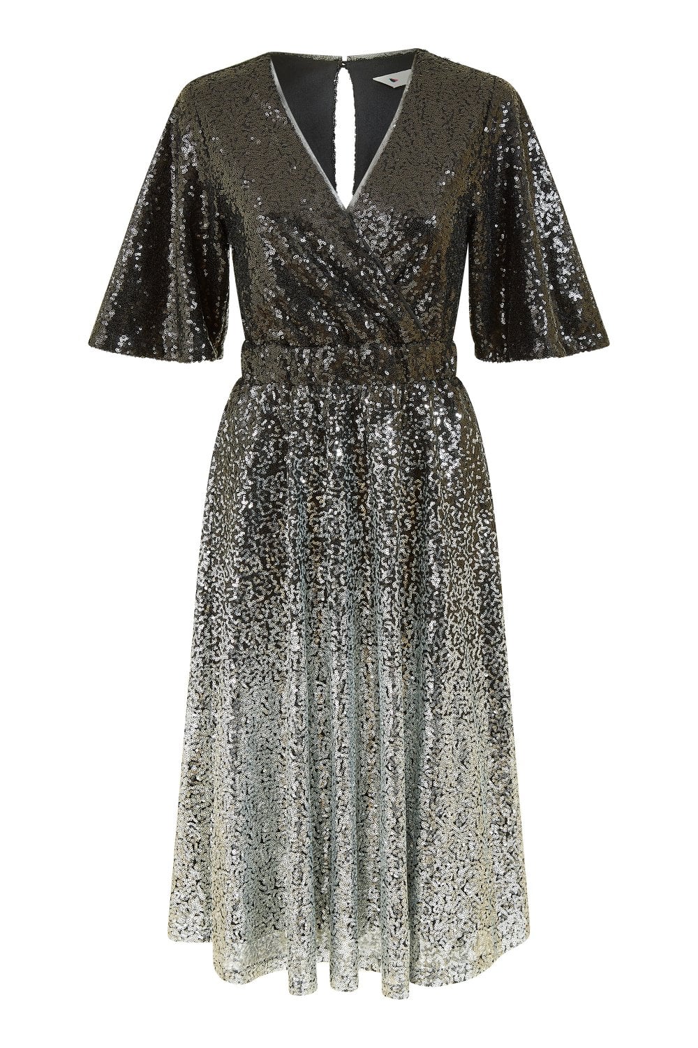 Yumi Black And Silver Ombre Sequin Midi Wrap Dress