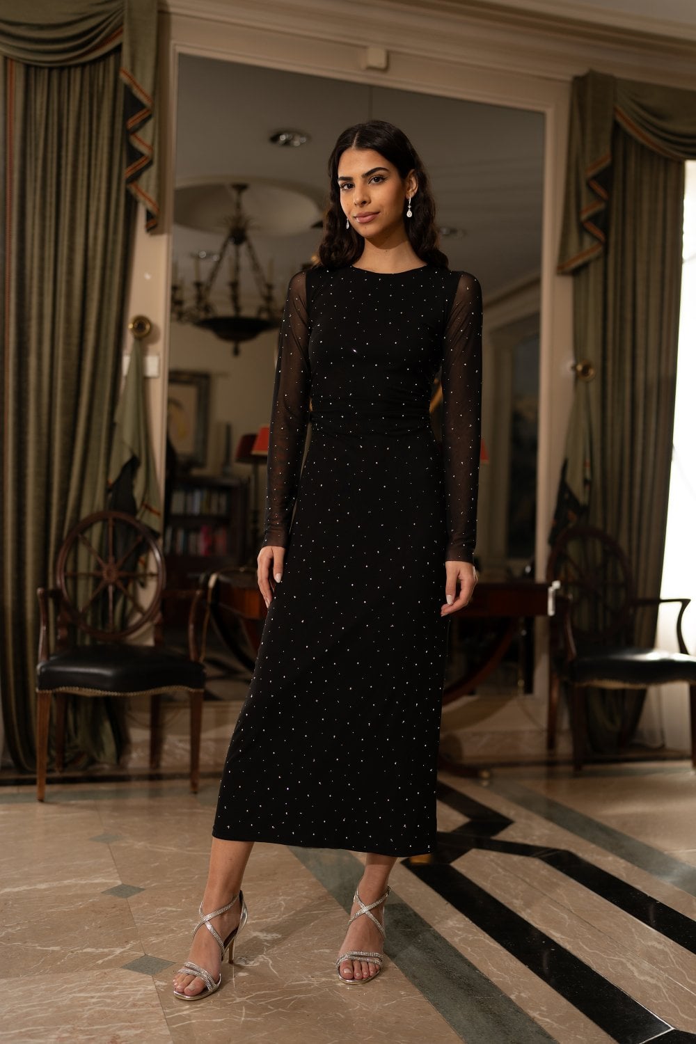 knee length dresses for ladies Yumi Black Mesh Bodycon Midi Dress With Tie Back and Diamantes