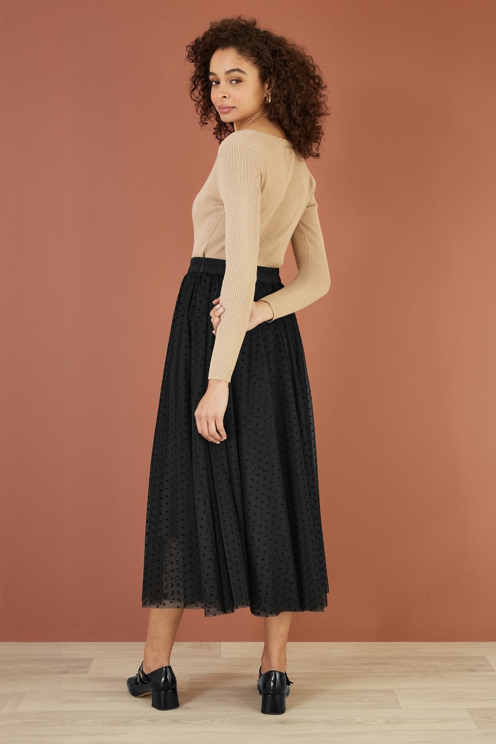 Yumi Black Mesh Heart Print Tulle Skirt
