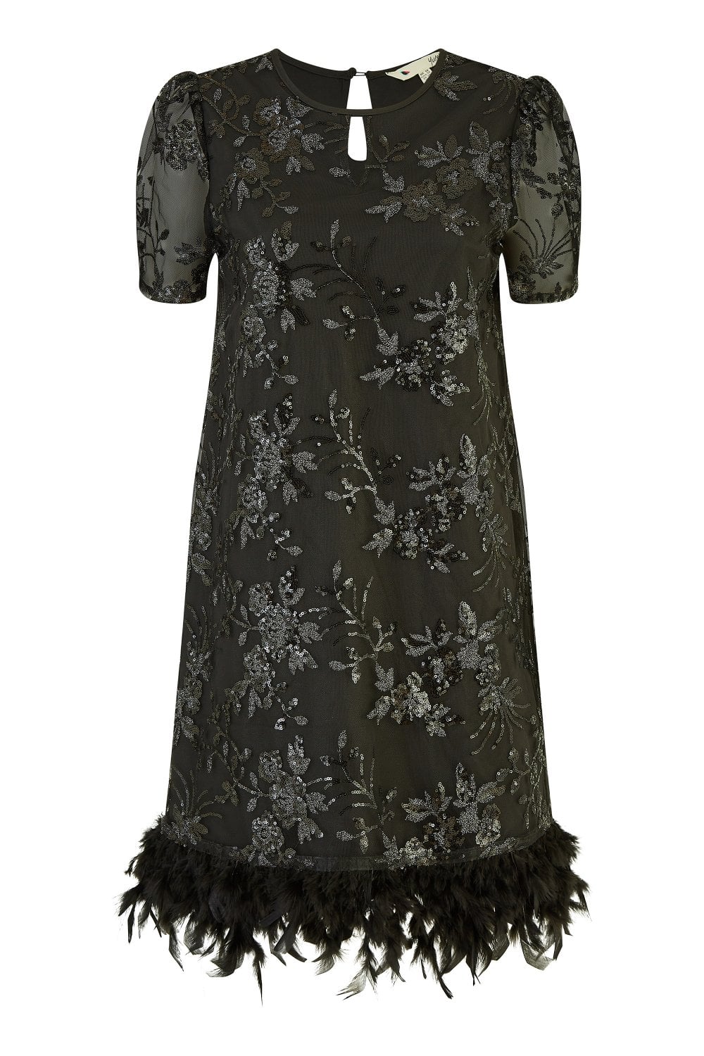 Yumi Black Sequin Embroidered Tunic Dress With Feather Trim Hemline Yumi Black Sequin Embroidered Tunic Dress With Feather Trim Hemline