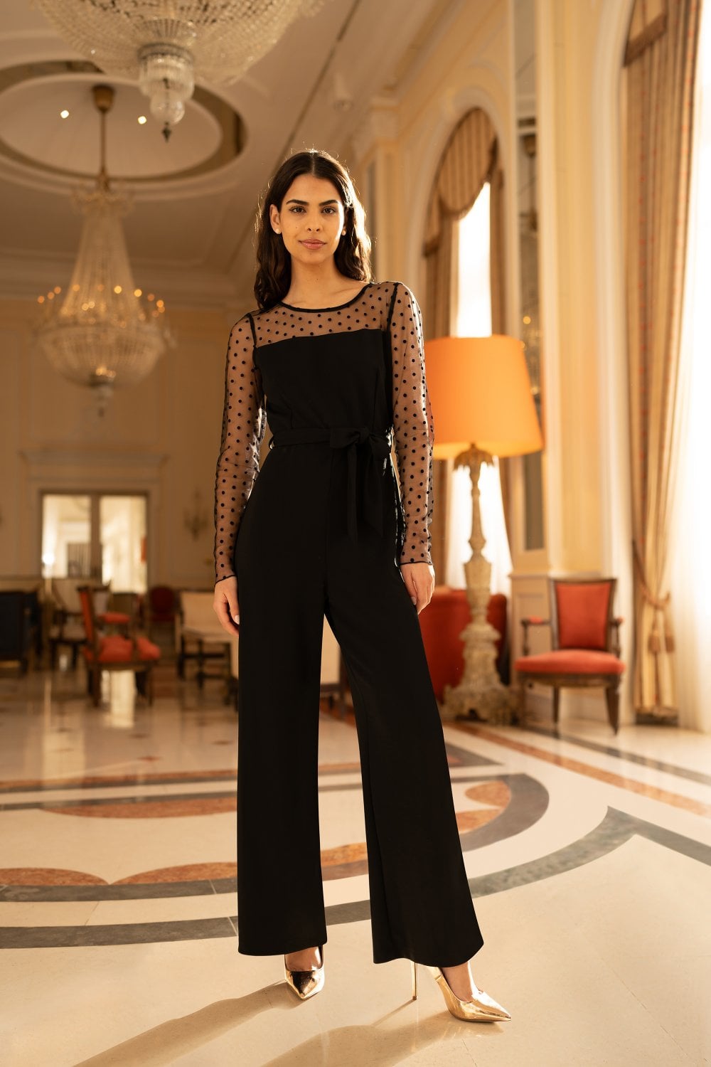 Yumi Black Spot Mesh Stretch Jumpsuit