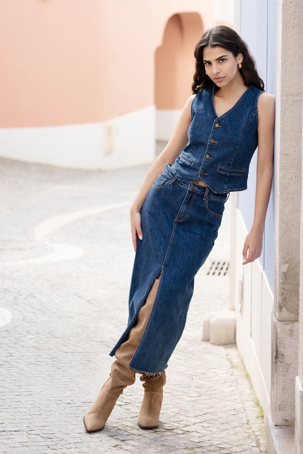 Yumi Blue Denim Stretch Fitted Midi Skirt With Front Split