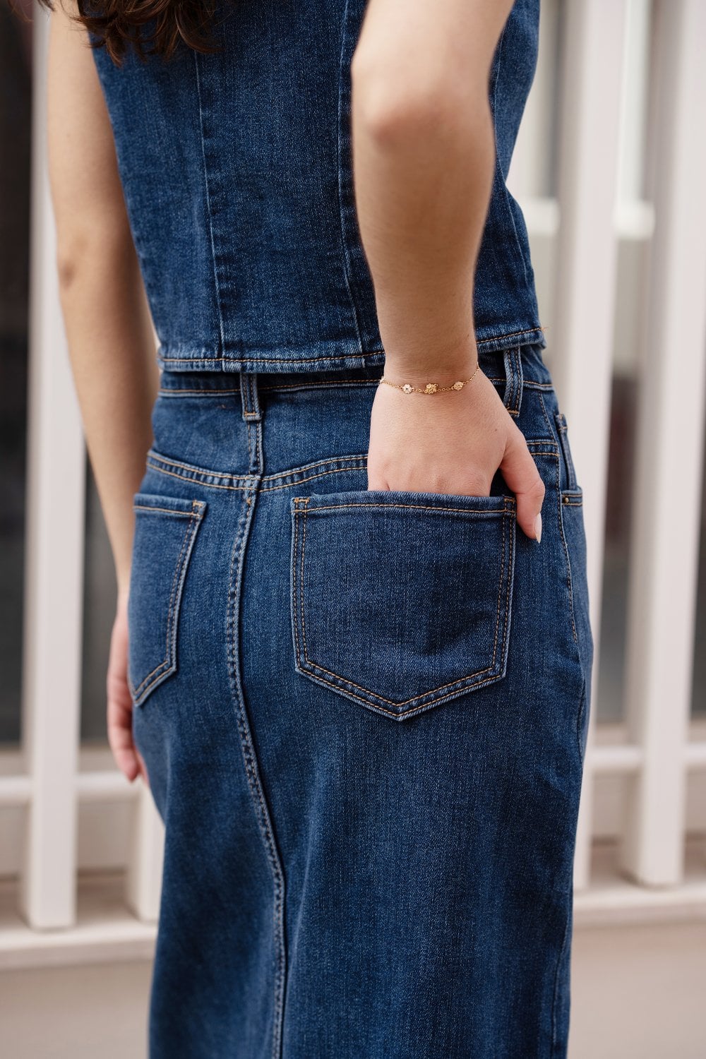 Yumi Blue Denim Stretch Fitted Midi Skirt With Front Split