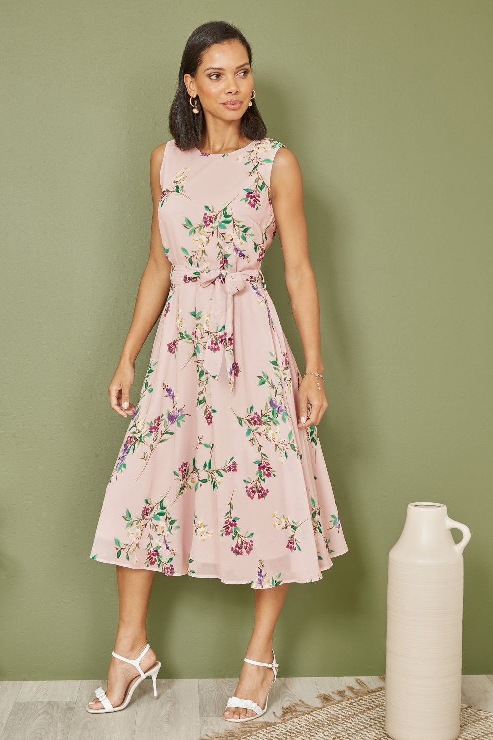 Yumi Blush Floral Print Midi Skater Dress Yumi Blush Floral Print Midi Skater Dress