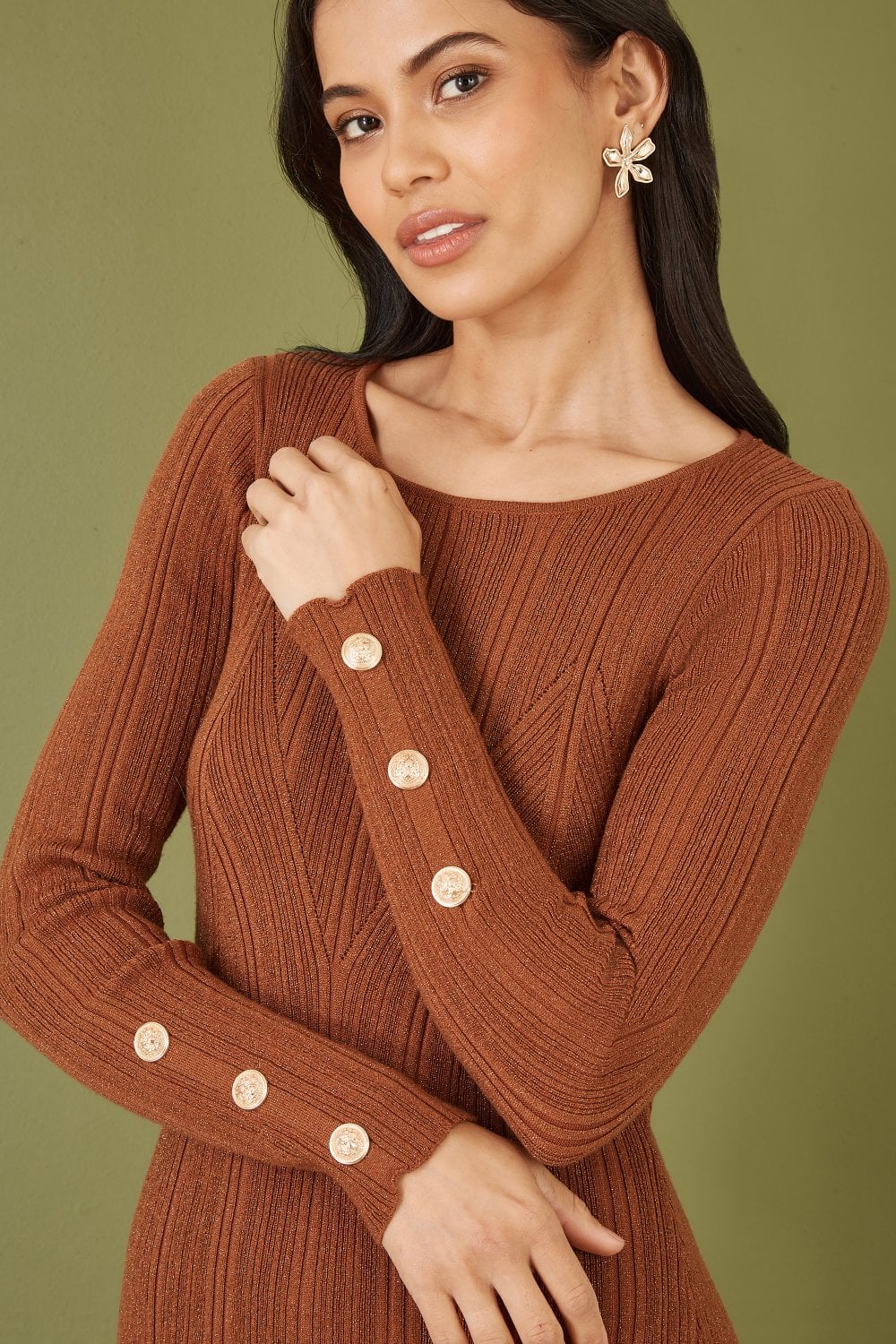 Yumi Brown Shimmer Fitted Midi Dress With Button - Brown / S Yumi Brown Shimmer Fitted Midi Dress With Button - Brown / S