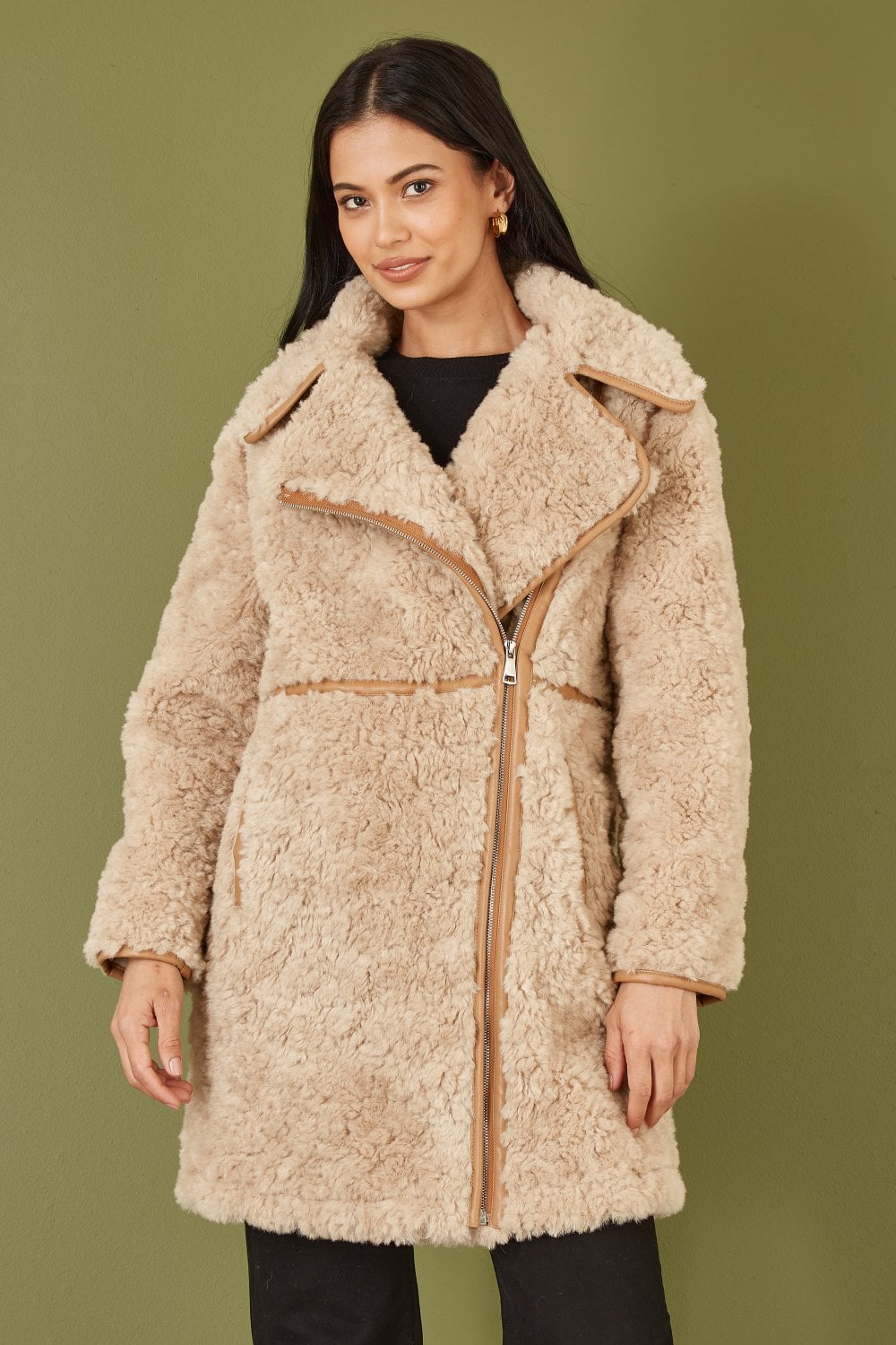 Yumi Brown Textured Borg Long Line Biker Coat